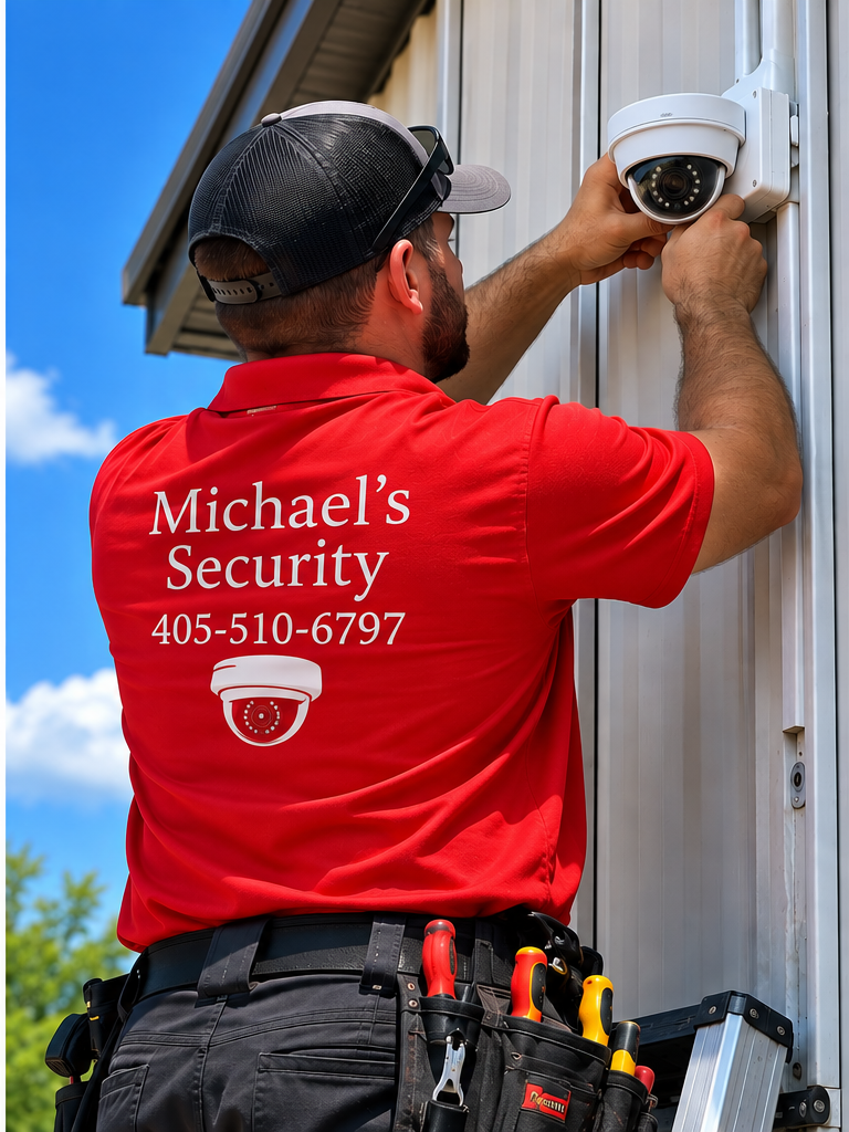 Michael's Security technician installing a dome security camera on a commercial building exterior in Shawnee Oklahoma